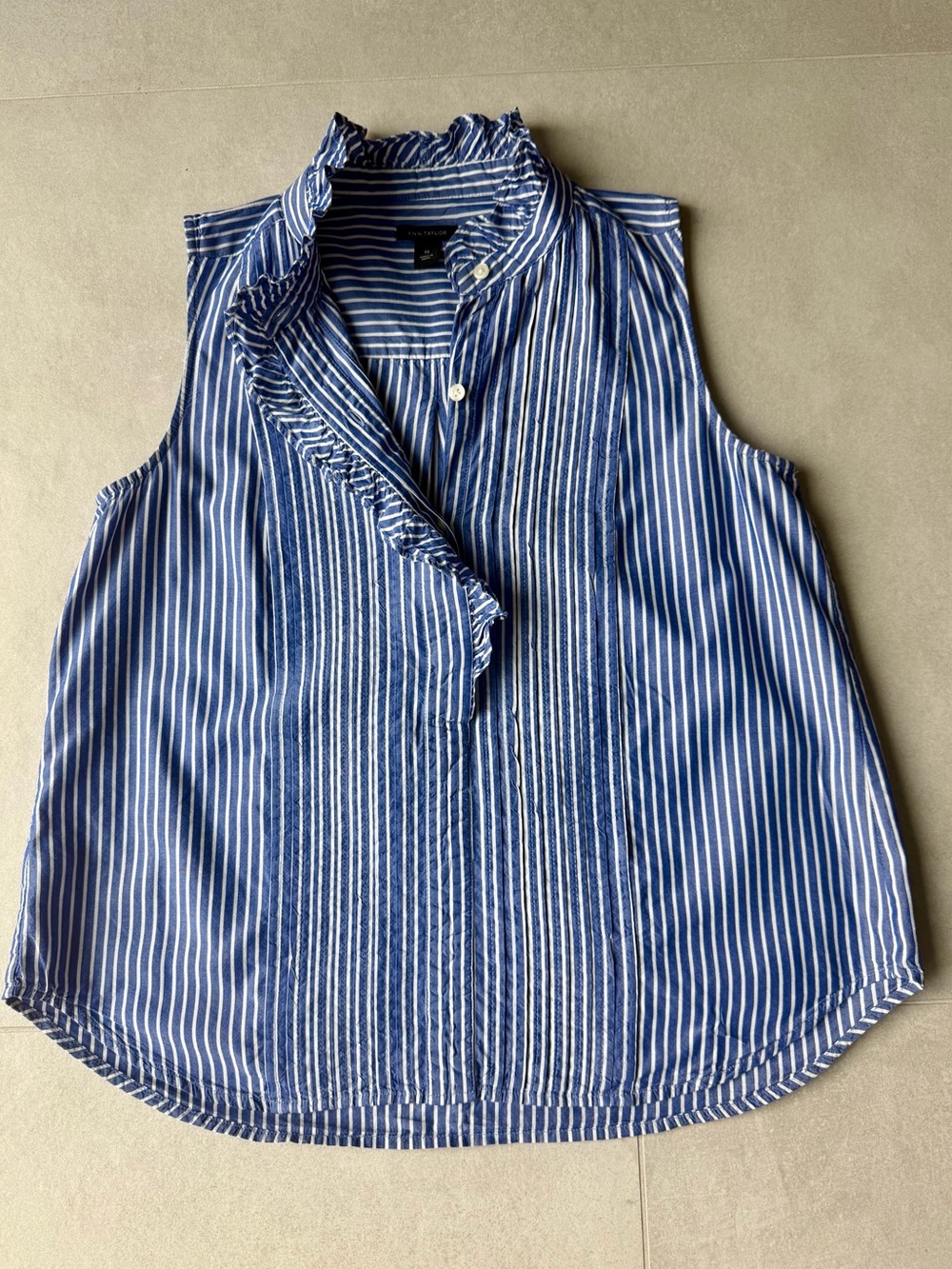 Ann Taylor Blue & White Striped Ruffle-Trim Sleeveless Top